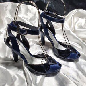 NEW FIONI vintage style pin up black blue color block peep toe strappy heels 7.5